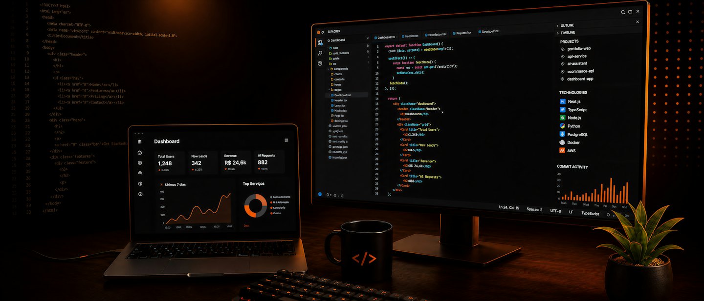 Un portátil y un monitor que muestran código de software y paneles de control empresariales.